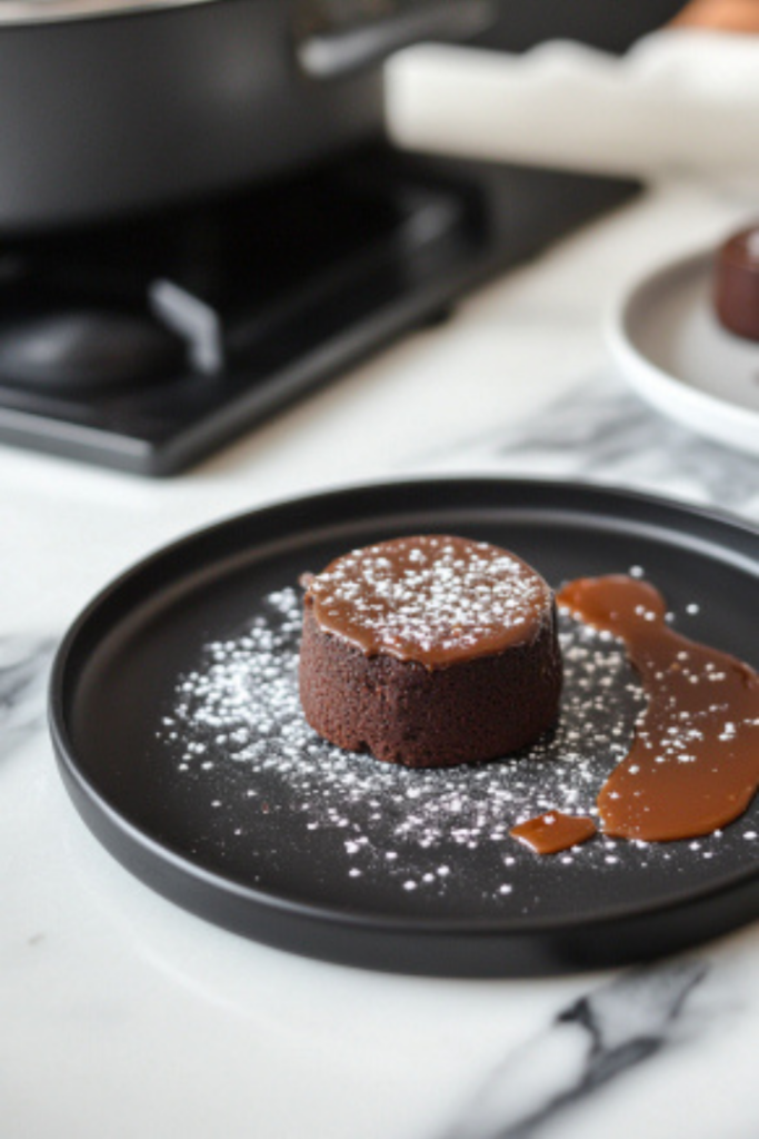 Warm salted caramel chocolate fondants served on black plates on the white marble cooktop, the rich, molten centers ready to enjoy.