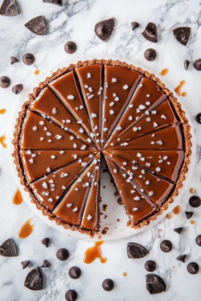 A beautifully sliced salted caramel tart with a shiny chocolate ganache layer, sprinkled with flaky sea salt, displayed on a white marble surface with chocolate chips and a drizzle of caramel for decoration.