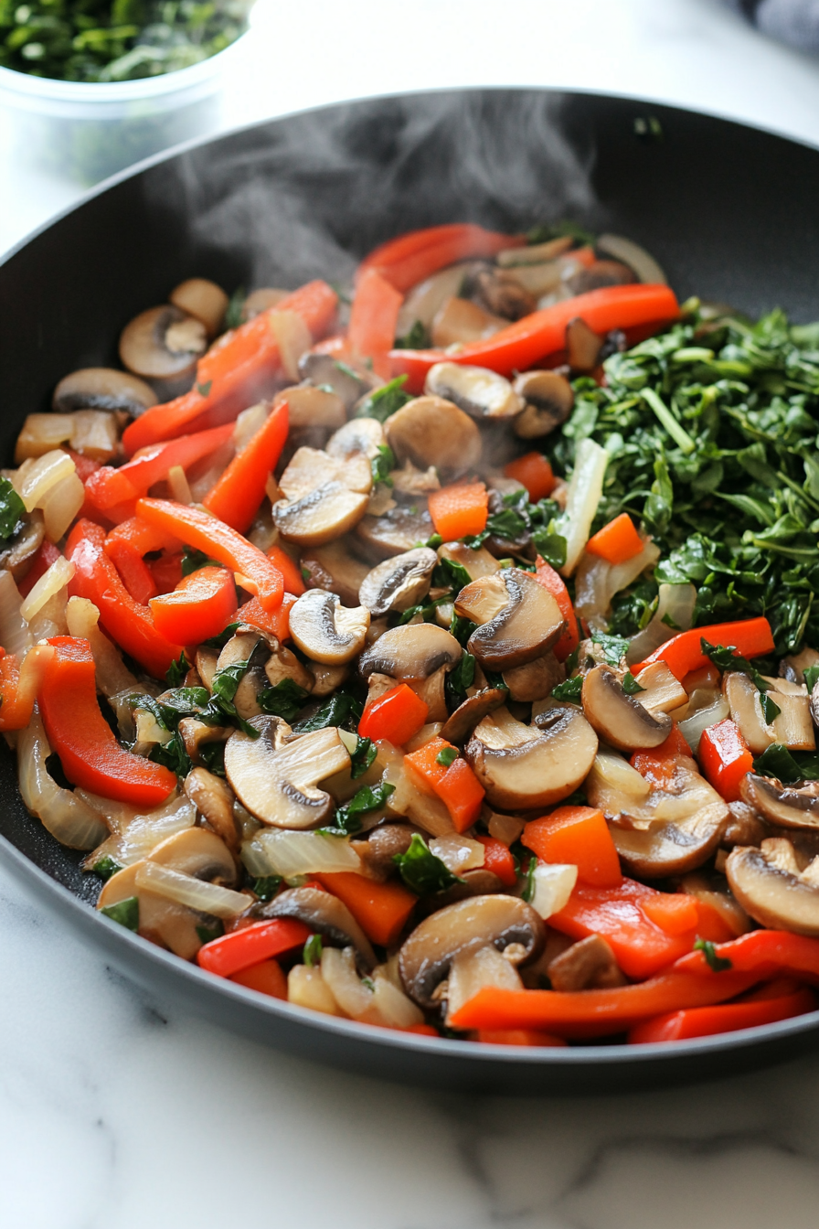 A black skillet on a white marble cooktop with onions, carrots, red bell pepper, mushrooms, and garlic being sautéed in olive oil until softened. Fresh spinach sits nearby, ready to be added.