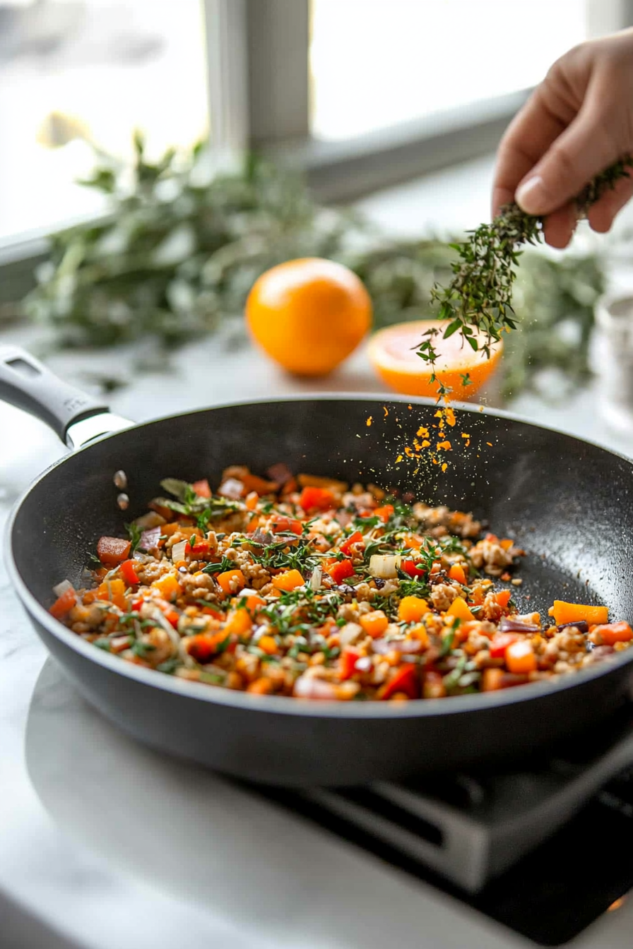 A skillet on a white marble cooktop with paprika, thyme, sage, rosemary, and orange zest being sprinkled over the sautéed vegetables. A zested orange and fresh herbs sit nearby.