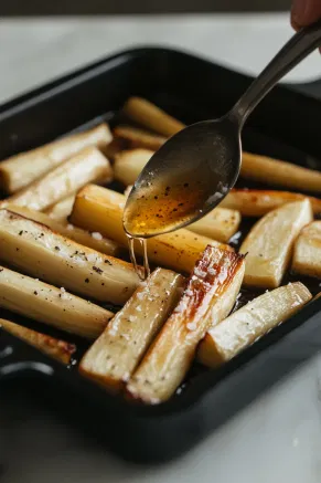 A spoon drizzles honey over the roasted parsnips in a black roasting tin on the white marble cooktop. Salt and pepper are evenly sprinkled to enhance the flavor.