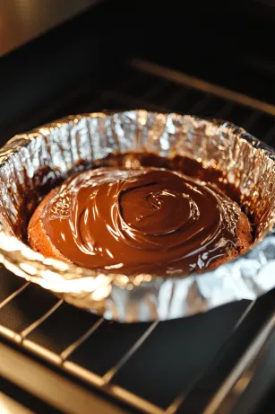 The bundt pan with the chocolate cake batter poured over the set flan layer, covered again with foil, is placed back in the water bath in the oven. It bakes for 1 hour 20 minutes, with the foil removed after the first hour.