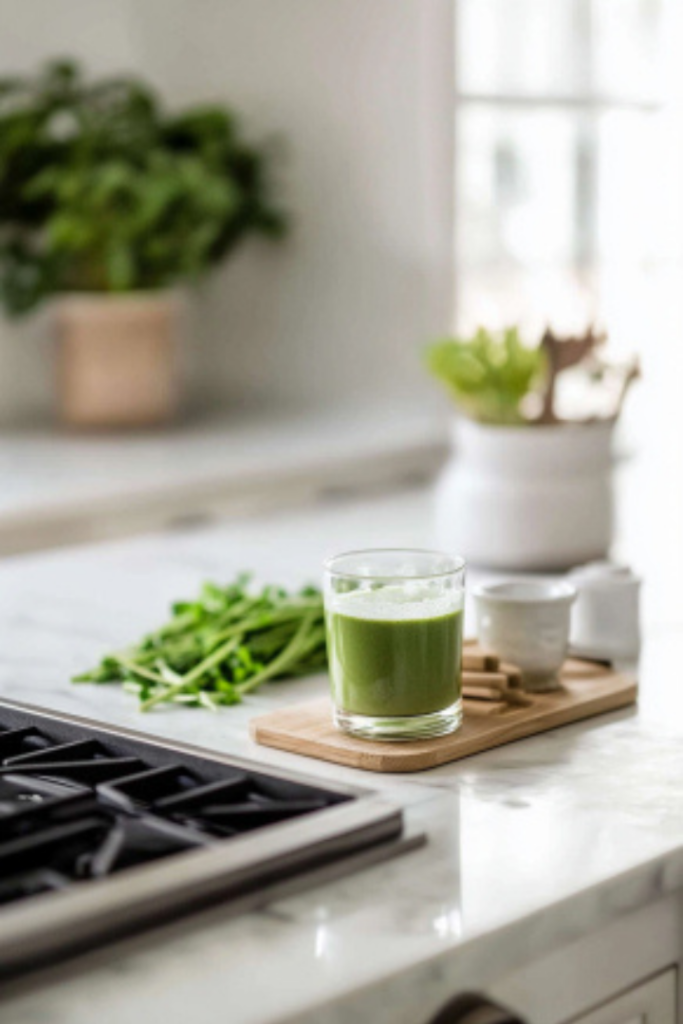 The finished matcha vanilla soy milk drink is presented in the glass on the white marble cooktop, ready to serve with its vibrant green hue and inviting appearance.