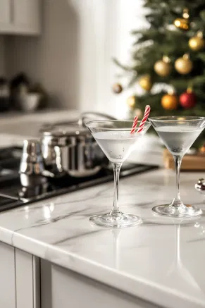 Two martini glasses rest on the white marble cooktop as the cold, minty cocktail is strained into each glass. Garnished with peppermint sticks, the drinks have a festive, wintry appearance.