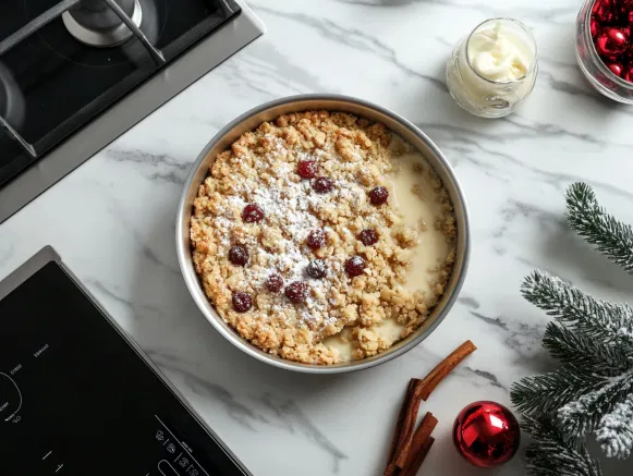 A baking dish on the white marble cooktop being placed into a preheated oven, set to bake for 25-30 minutes until the crumble topping turns golden and begins to bubble.