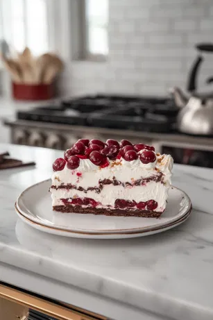 A slice of the finished dessert on the white marble cooktop, showcasing layers of airy meringue, rich cream, juicy cherries, and a dusting of dark chocolate, ready to be enjoyed.