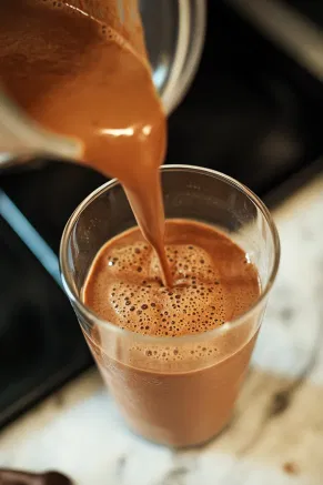 The mocha smoothie being poured into a serving glass on the white marble countertop, showcasing a thick and luscious texture.