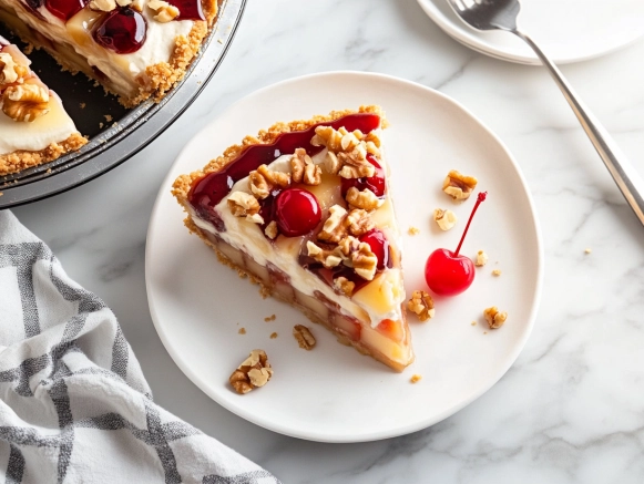 The Hawaiian Millionaire Pie rests on the white marble cooktop, sliced and ready to serve. A piece is displayed on a dessert plate, showcasing vibrant layers, garnished with a maraschino cherry and chopped walnuts.