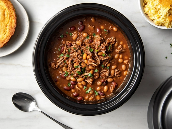 A ladle serves tender beans and shredded meat from the black slow cooker on the white marble cooktop into a bowl, accompanied by golden cornbread and a spoon, ready to enjoy.