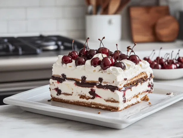 A slice of the finished dessert on the white marble cooktop, showcasing layers of airy meringue, rich cream, juicy cherries, and a dusting of dark chocolate, ready to be enjoyed.