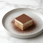 A serving of tiramisu on a plate on the white marble cooktop, displaying layers of espresso-soaked ladyfingers, creamy mascarpone, and cocoa, ready to be enjoyed in decadent scoops or squares.