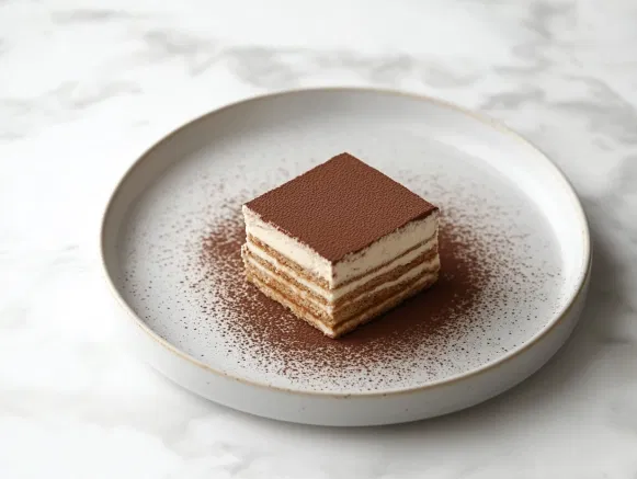 A serving of tiramisu on a plate on the white marble cooktop, displaying layers of espresso-soaked ladyfingers, creamy mascarpone, and cocoa, ready to be enjoyed in decadent scoops or squares.