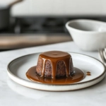 The warm pudding, now on a plate on the white marble cooktop, is drizzled generously with toffee sauce. Extra sauce is served on the side, making each slice a truly indulgent treat.