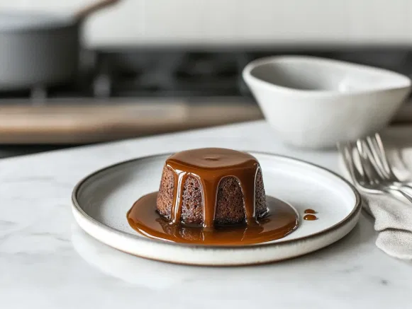 The warm pudding, now on a plate on the white marble cooktop, is drizzled generously with toffee sauce. Extra sauce is served on the side, making each slice a truly indulgent treat.