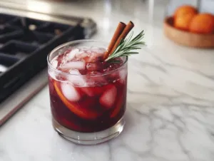 A glass of the sangria is poured over ice, topped with a splash of seltzer for a hint of fizz if desired. Garnished with a rosemary sprig and a cinnamon stick, the drink has a festive and refreshing appearance, perfect for enjoying.