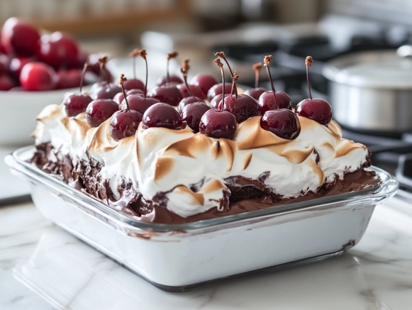 The dessert on the white marble cooktop is adorned with stoned cherries and a generous sprinkle of grated dark chocolate. The vibrant cherries and rich chocolate create an eye-catching and delicious finish.