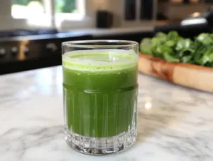 The finished matcha vanilla soy milk drink is presented in the glass on the white marble cooktop, ready to serve with its vibrant green hue and inviting appearance.