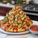 The festive pull-apart Christmas tree bread sits on a decorative platter on the white marble cooktop. A small bowl of warm marinara sauce is placed nearby for dipping, completing the inviting presentation.