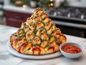 The festive pull-apart Christmas tree bread sits on a decorative platter on the white marble cooktop. A small bowl of warm marinara sauce is placed nearby for dipping, completing the inviting presentation.