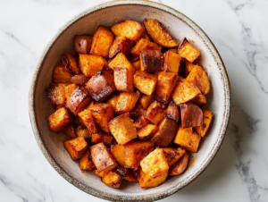 A baking sheet fresh out of the oven on a white marble cooktop, showing golden brown and crispy sweet potatoes and apples with visible steam rising from the tray.