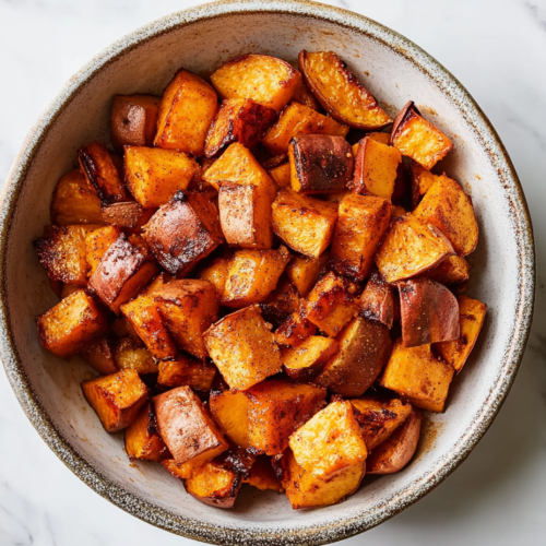 A baking sheet fresh out of the oven on a white marble cooktop, showing golden brown and crispy sweet potatoes and apples with visible steam rising from the tray.