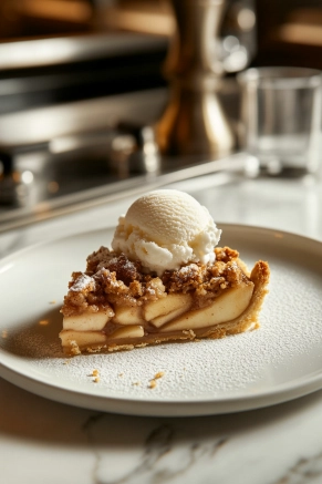 A warm slice of apple crumb pie is served on a dessert plate, placed on the white marble cooktop. A scoop of vanilla ice cream melts over the pie, creating an enticing dessert presentation.