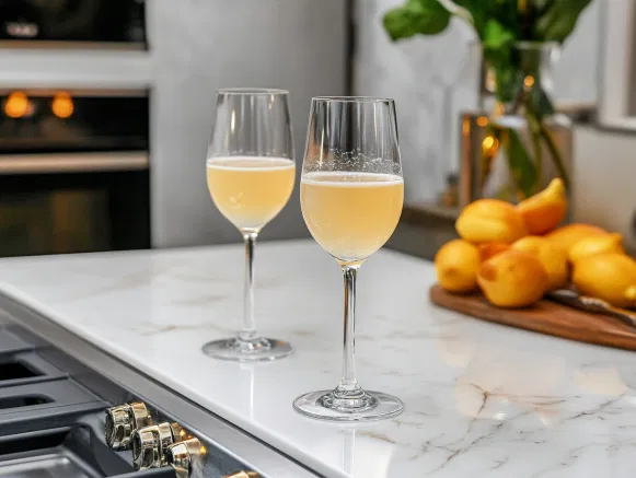 The completed Baby Bellini sparkling on the white marble countertop, ready to be served as a refreshing, non-alcoholic treat.