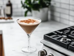 The completed cinnamon-spiced espresso martini served in the prepared glass on the white marble countertop, ready to savor.