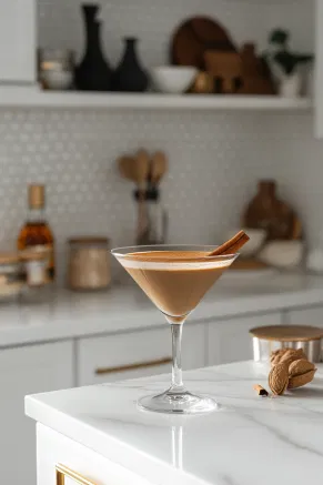 The completed cinnamon-spiced espresso martini served in the prepared glass on the white marble countertop, ready to savor.