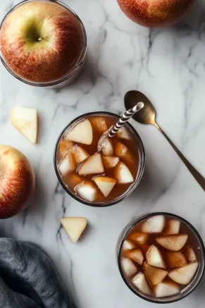 Glasses filled with chilled Peruvian Chicha Morada on the white marble countertop, garnished with floating apple pieces and served with a straw and spoon.