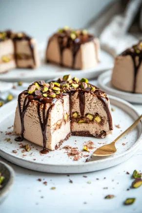 Slices of semifreddo-filled pandoro served on small plates, with layers of chocolate and amaretto visible, set on a white marble surface.