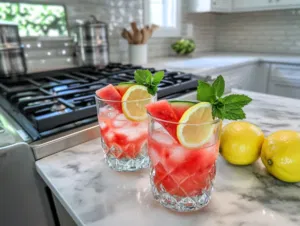 Glasses filled with Fresh Watermelon Lemonade on the white marble countertop, garnished with mini watermelon wedges, lemon slices, and mint sprigs, ready to enjoy.