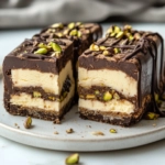 Slices of semifreddo-filled pandoro served on small plates, with layers of chocolate and amaretto visible, set on a white marble surface.