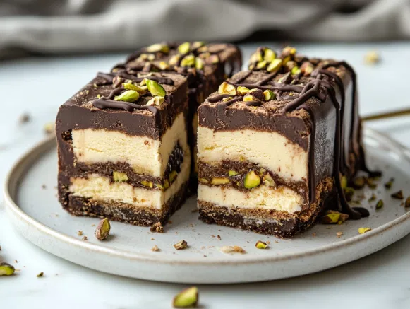 Slices of semifreddo-filled pandoro served on small plates, with layers of chocolate and amaretto visible, set on a white marble surface.