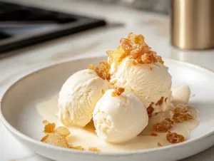 The frozen ginger ice cream desserts unmolded onto a plate on the white marble countertop, garnished with crystallized ginger and drizzled with ginger syrup for an elegant presentation.