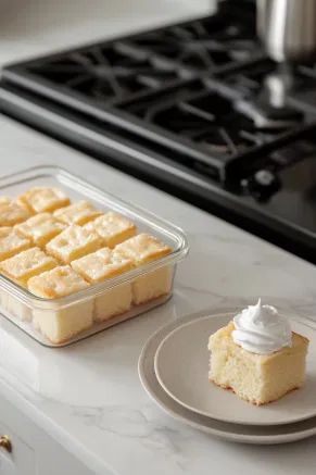 An airtight container on the white marble cooktop holds neatly arranged Mochiko cake squares, prepared for storage. A nearby plate displays a square, served with a dollop of whipped cream for a delightful treat.