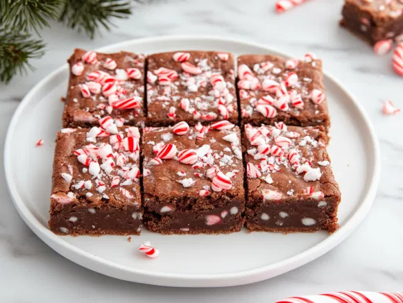 Neatly cut Peppermint Mocha Cookie Bars arranged on a serving plate, garnished with extra crushed candy canes, displayed on a white marble cooktop.