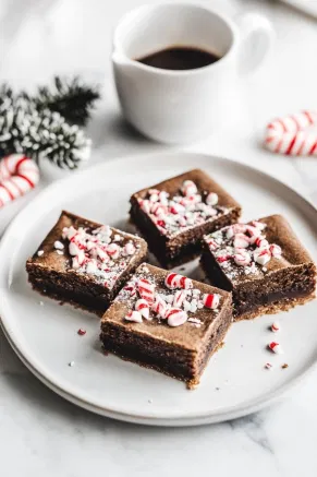 Neatly cut Peppermint Mocha Cookie Bars arranged on a serving plate, garnished with extra crushed candy canes, displayed on a white marble cooktop.