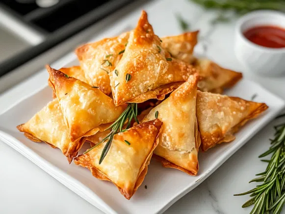 Crispy, golden-brown parcels arranged on a platter, garnished with sprigs of fresh rosemary, displayed on the white marble cooktop.