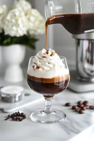 A glass on the white marble countertop being filled with the blended frozen Irish coffee, topped with whipped cream and a drizzle of melted chocolate.