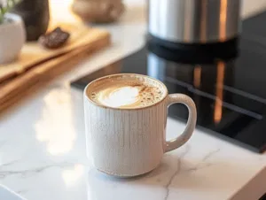 The finished almond milk espresso drink sits elegantly in a mug on the white marble cooktop, its creamy froth and cinnamon garnish invitingly displayed, ready to be served and enjoyed immediately.