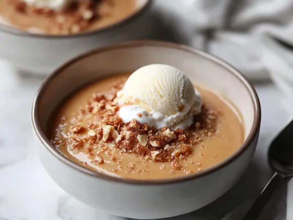 A serving of warm butterscotch pudding is shown in a bowl on the white marble cooktop, topped with a scoop of vanilla ice cream, ready to be enjoyed.