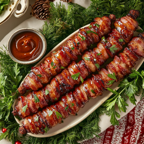 The finished bacon-wrapped smokies are arranged on a festive platter, garnished with sprigs of parsley. Small bowls of barbecue sauce and honey mustard accompany the dish, perfect for a holiday gathering.