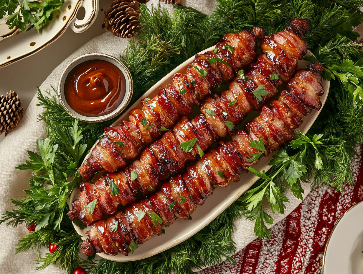 The finished bacon-wrapped smokies are arranged on a festive platter, garnished with sprigs of parsley. Small bowls of barbecue sauce and honey mustard accompany the dish, perfect for a holiday gathering.