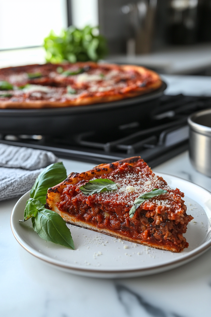 A slice of deep-dish pizza served on a plate on a white marble cooktop, with fresh basil leaves and grated parmesan cheese adding a final touch for presentation.