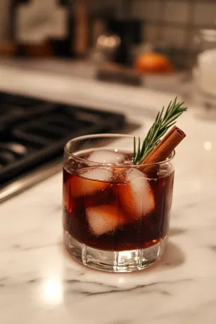 A glass of the sangria is poured over ice, topped with a splash of seltzer for a hint of fizz if desired. Garnished with a rosemary sprig and a cinnamon stick, the drink has a festive and refreshing appearance, perfect for enjoying.