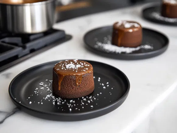 Warm salted caramel chocolate fondants served on black plates on the white marble cooktop, the rich, molten centers ready to enjoy.