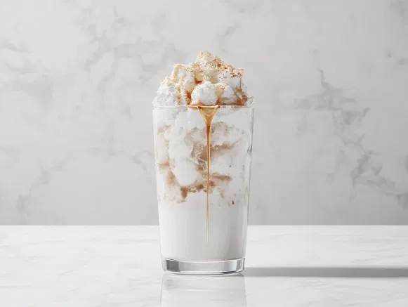 A tall glass filled with ice cubes and freshly poured oat milk, topped with a decorative drizzle of maple syrup, resting on a spotless white marble counter.