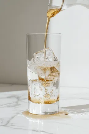 A tall glass filled with ice cubes and freshly poured oat milk, topped with a decorative drizzle of maple syrup, resting on a spotless white marble counter.