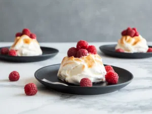 The Raspberry and Aperol Baked Alaska served beautifully browned on black plates over the white marble cooktop, showcasing the layers and textures of this elegant dessert.